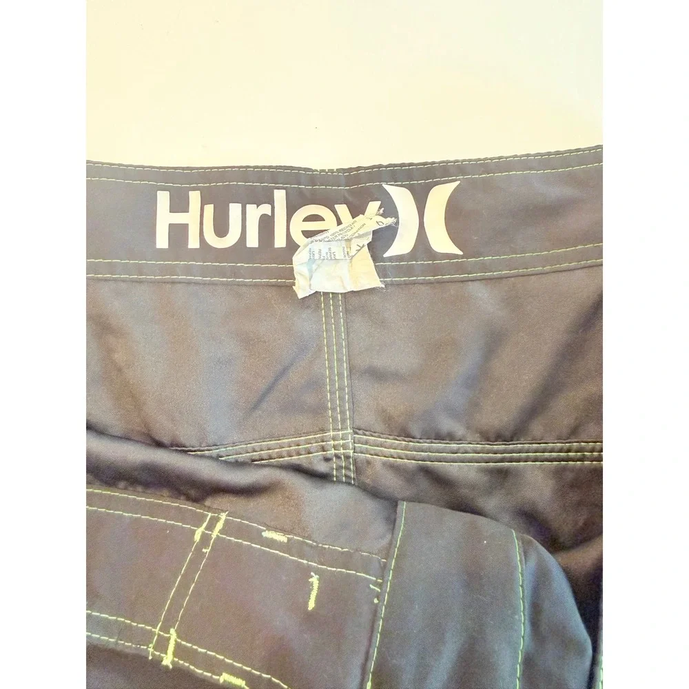 Hurley Mens Board Shorts Black Neon‎ Green Contrast Stitch Cargo Pocket Swim 36